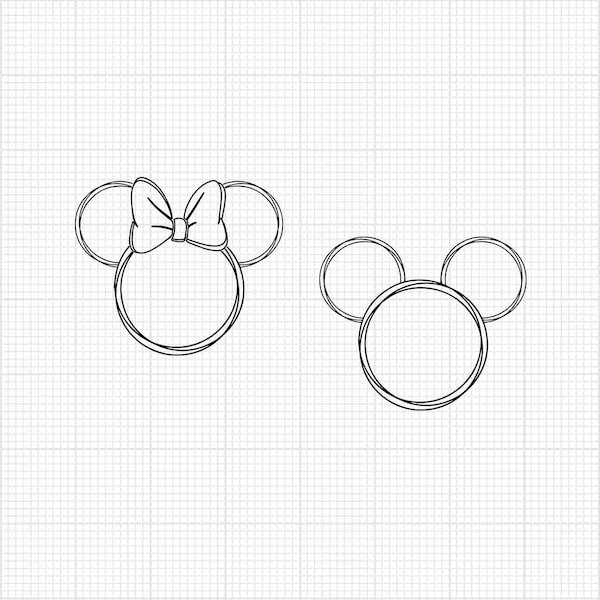 Mickey Minnie Mouse, Ears, Bow, Outline, Hand-drawn, Sketch, Matching, Couple, Svg and Png Formats, Cut, Cricut, Silhouette,Instant Download