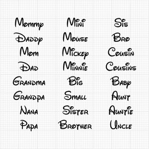Noms de famille, Mickey Minnie, formats Svg et Png, coupe, Cricut, Silhouette, téléchargement immédiat