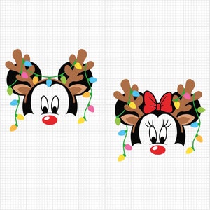 Natale 2023, Mickey Minnie Head, corna di renna, luci di Natale, formati svg e png, cut, cricut, silhouette, download istantaneo