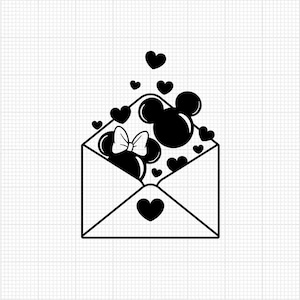 Sobre de amor, Día de San Valentín, Mickey Minnie Mouse, Corazón, Orejas, Arco, Emparejamiento, Pareja, Formatos SVG y Png, Corte, Cricut, Silueta