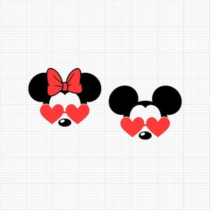 Día de San Valentín, Mickey Minnie Mouse, Orejas, Lazo, Gafas en forma de corazón, Amor, Emparejamiento, Pareja, Formatos SVG y Png, Corte, Cricut, Silueta
