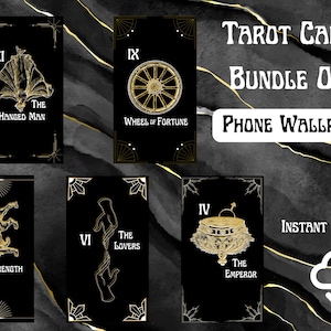 May include: A set of five tarot cards with gold illustrations on a black background. The cards are labeled with Roman numerals and the names of the cards: The Hanged Man, Wheel of Fortune, Strength, The Lovers, and The Emperor. The text "Tarot Card Bundle One Phone Wallpaper Instant Download" is also visible.