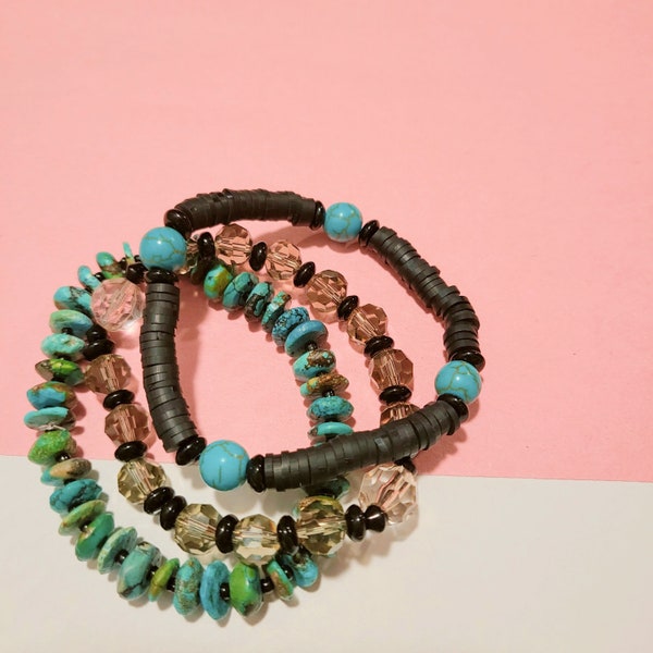 Turquoise & Black Beaded Bracelets | Stone Stretchy Stackable Bracelets | Polymer Clay Heishi Disc Bracelet