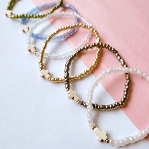 Stone Cross Beaded Bracelet or Shell Cross Beaded Bracelet | Seed Bead Stretchy Bracelet | Glass Beaded Bracelet|Metal Cross Beaded Bracelet