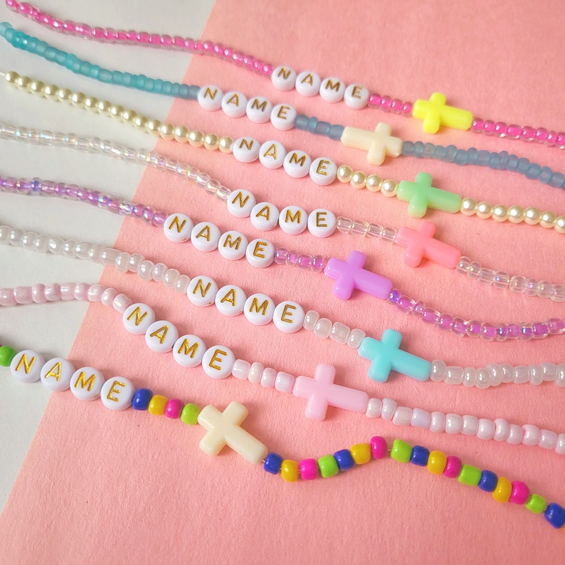 Personalized Cross Beaded Bracelet for Children Custom Name Bracelet