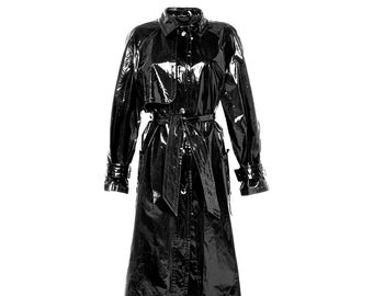 Black Vinyl Trench Coat - Women's Faux Patent Leather Jacket with Belted Waist