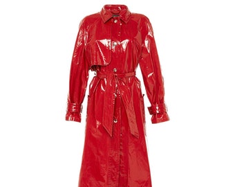 Red Vinyl Trench Coat - Women's Faux Patent Leather Jacket with Belted Waist