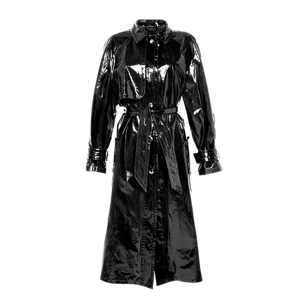 Schwarzer Vinyl Trenchcoat - Damen Faux Lackleder Jacke mit Gürtel Taille