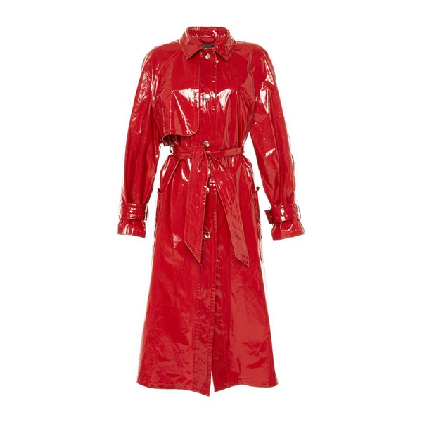 Red Vinyl Trench Coat - Women's Faux Patent Leather Jacket with Belted Waist