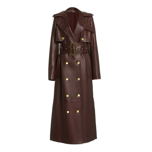 Trench-coat en cuir véritable pour femme Manteau croisé marron pour femme Manteaux longs d'hiver en cuir d'agneau pour femme