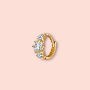 18K Gold Plated Mini Triple Gem Earring/ Cartilage Tragus Helix Huggie hoop with sparkly cubic zirconia stones!