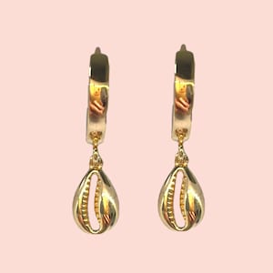 18K Gold Plated Cowrie shell charm Heart Huggies Hoop Earrings - Ocean beach summer