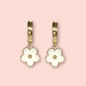 18K Gold Plated White & Gold Flower charm Huggies Hoop Earrings