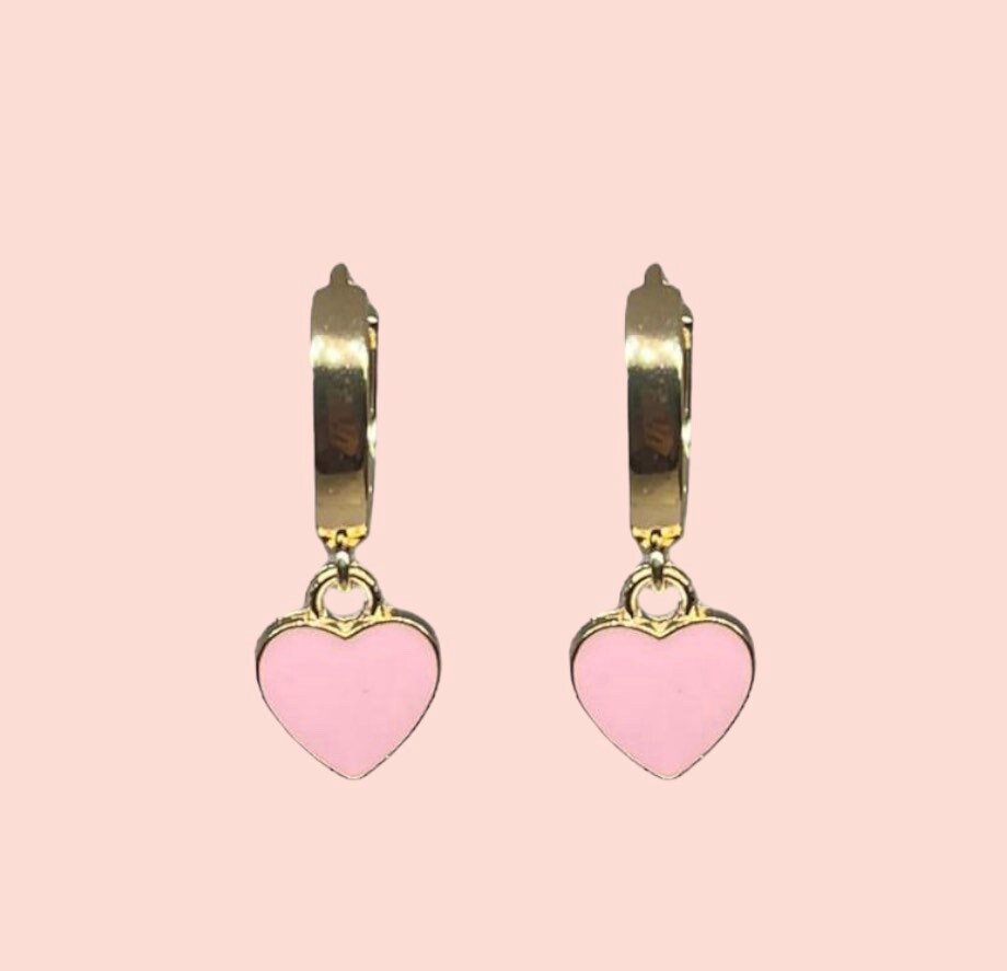 18K Gold Plated Heart Huggies Hoop Earrings With Baby Pink Heart Drop Charm Barbie Etsy