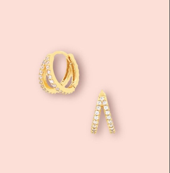 18K Gold Plated Cubic Zirconia Clear Gem Sparkle Double Mini Hoop