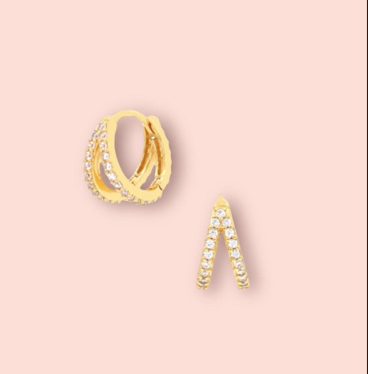 2 pezzi - Orecchini a cerchio con cristalli rosa, placcati in vero oro