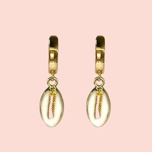 18K Gold Plated Cowrie white & gold shell charm Heart Huggies Hoop Earrings - Ocean beach summer