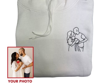STITCH YOUR MOMENTS, Embroidered Photo,Custom Portrait from photo,outline, Mother's Fathers Day Gift,Anniversary,Portrait Hoodie,for Mum,her