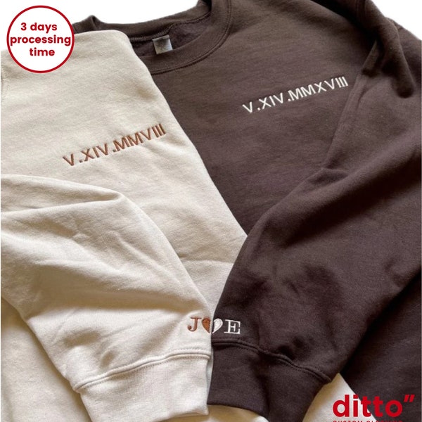 Custom Date Roman numeral personalised embroidered sweatshirt T-shirt hoodie couples half heart gifts anniversary for him her Mother's Day