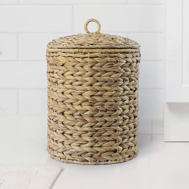 Round Water Hyacinth Wicker Waste Basket With Lid Garbage Etsy