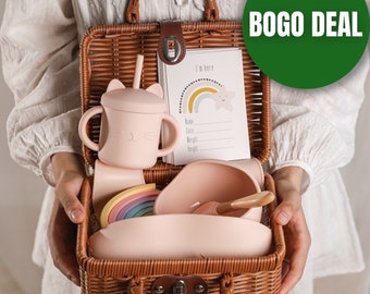 Baby Shower Gift - 8pc Baby Gift Set w/ Rattan Suitcase, 5pc Baby Feeding Set, Montessori Stacking Toy, Baby Girl Gift, Baby Boy Gift, BOGO