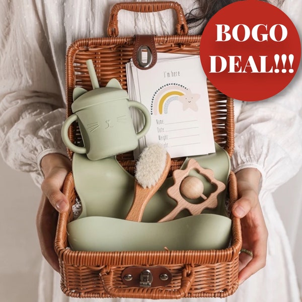 Baby Gift - 7pc Baby Feeding n’ Baby Toy set w/ Suitcase, Baby Bib, Baby Toys & more, Baby Shower Gift, Gender Neutral Baby Gift, BOGO DEAL