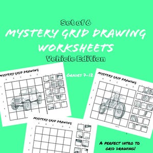 May include: Set of six "Mystery Grid Drawing Worksheets - Vehicle Edition" for grades 7-12. The worksheets feature grid-based drawings of vehicles, including a jeep and a motorcycle, with the text "A perfect intro to grid drawing!"