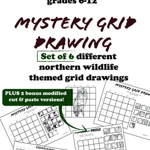 Tekenwerkbladen Mystery Grid Drawings voor de middelbare school en JH Drawing Class - 6 dierentekeningen in totaal mysterieraster