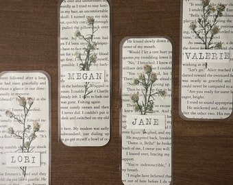 Personalized Pressed Flower Stamped Name Bookmark, Laminated, Recycled Book Page