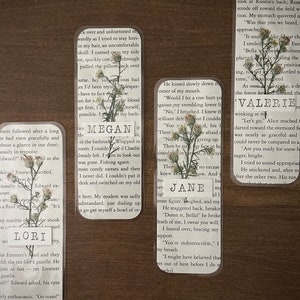 Personalized Pressed Flower Stamped Name Bookmark, Laminated, Recycled Book Page