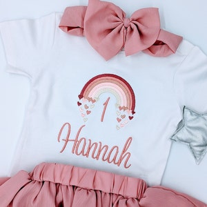 Rainbow birthday shirt girls with name and number -1 2 3 4 5 6 7 - in pastel colors, old pink birthday party outfit children's shirt