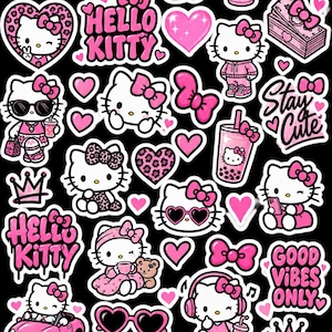 Puede incluir: Una colección de pegatinas de Hello Kitty con varios diseños que incluyen corazones rosas, lazos, un coche, una bolsa de compras, bebidas y texto como Hello Kitty, Stay Cute, Good Vibes Only y XOXO, todo sobre un fondo negro.