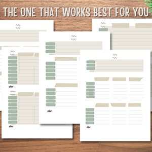 Puede incluir: Páginas de planificador imprimibles con un esquema de color beige y verde. Las páginas están divididas en secciones con encabezados como "50%" y "25%". Las páginas están diseñadas para organizar tareas, proyectos o horarios.