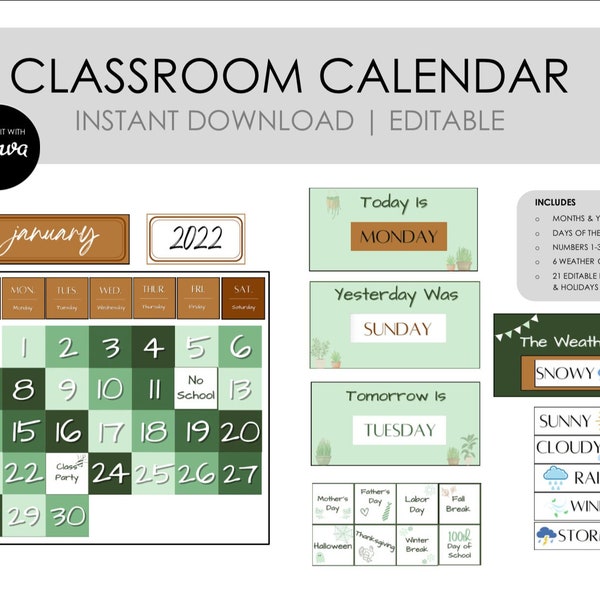 Botanischer Klassenzimmer Kalender mit Wetteranzeige - druckbar, anpassbar, Bundle, PDF + Canva bearbeitbare Dateien