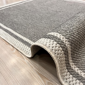 Anthracite Charcoal Rug, Light Grey Border, Easy Clean Non Slip Runner, Stain Resistant Kitchen Mat, Modern Dark Grey Carpet