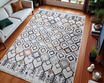 Modern Turkish Area Rug – Geometric Kilim Style, Washable