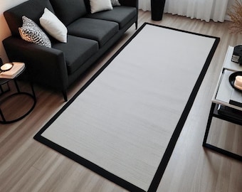 White Jute Rug Runner: Black Border, Custom Size, Indoor/Outdoor