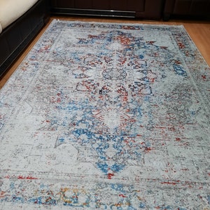 Blue Area Rug, Geometric Patterned Area Rug, Oriental Area Rug, Vintage Rug For Living Room, Vintage Turkish Kilim, Antique Rug, Oushak Rug