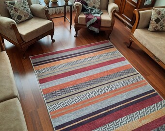 Vintage Turkish Chenille Rug: Red Geometric Kilim Design, Non-Slip