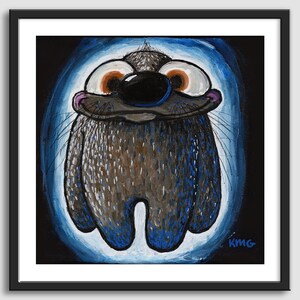 May include: A cartoon creature with large eyes, a black nose, and blue fur. The creature is smiling and has a blue glow around it. The artwork is signed "KMG" in the bottom right corner.