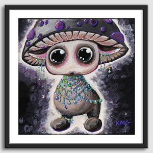 May include: A whimsical illustration of a small, grey creature with large eyes wearing a purple and grey mushroom hat and a beaded necklace. The creature is standing on a dark grey background with white speckles.