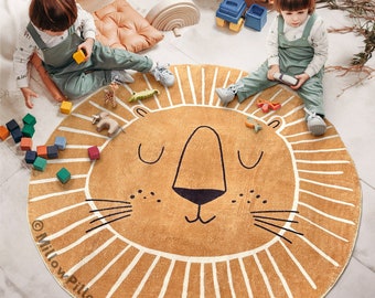 Teppich Kinderzimmer Kinderteppich Rund Löwen Teppich 80cm 100cm 120cm Lion Schlafzimmer Baby Plüschteppich Boho beige braun Sofa Home Decor