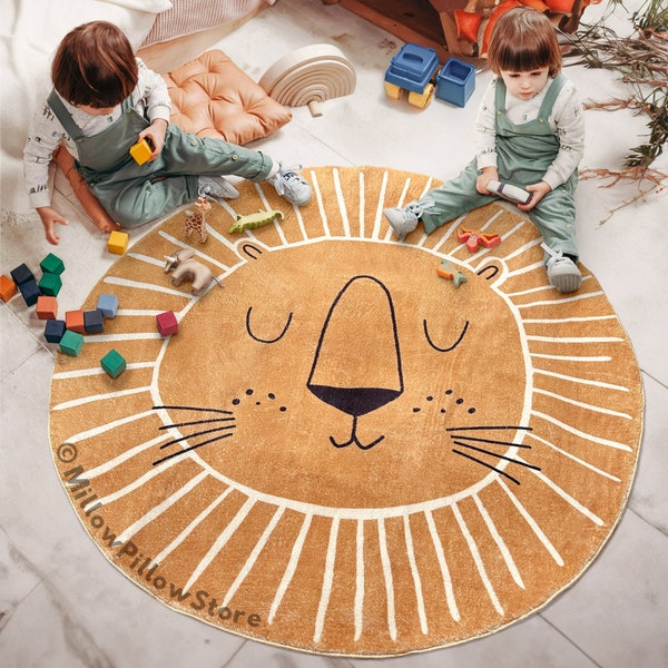 Teppich Kinderzimmer Kinderteppich Rund Löwen Teppich 80cm 100cm 120cm Lion Schlafzimmer Baby Plüschteppich Boho beige braun Sofa Home Decor