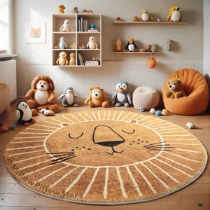 Teppich Kinderzimmer Kinderteppich Rund Löwen Teppich 80cm 100cm 120cm Lion Schlafzimmer Baby Plüschteppich Boho beige braun Sofa Home Decor Bild 3