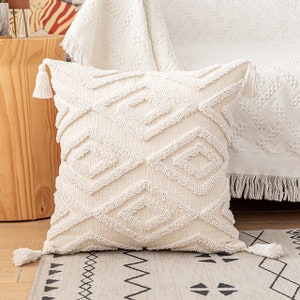 Boho Oreiller Coussin Coussin Housse de Coussin Oreiller Décoratif Housse de Coussin Boho Coussin Décoratif Macramé Glands Marocain Beige Tissé à la Main Macramé C