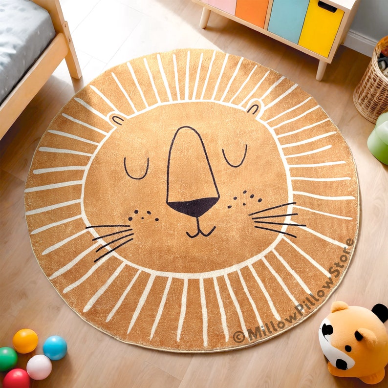 Teppich Kinderzimmer Kinderteppich Rund Löwen Teppich 80cm 100cm 120cm Lion Schlafzimmer Baby Plüschteppich Boho beige braun Sofa Home Decor Bild 2