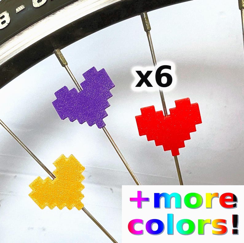 6x Pixel Hearts Bike Spoke Decorations, video game hearts bicycle decorations, cute cycling accessories, heart themed cyclist gift image 2