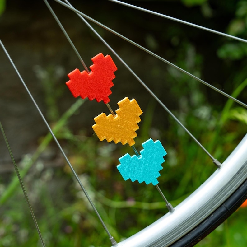 6x Pixel Hearts Bike Spoke Decorations, video game hearts bicycle decorations, cute cycling accessories, heart themed cyclist gift image 1