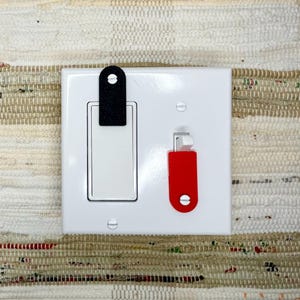May include: A white light switch cover with a black and a red switch pull. The black pull is above a rectangular switch, and the red pull is next to a toggle switch. The background is a woven rug.