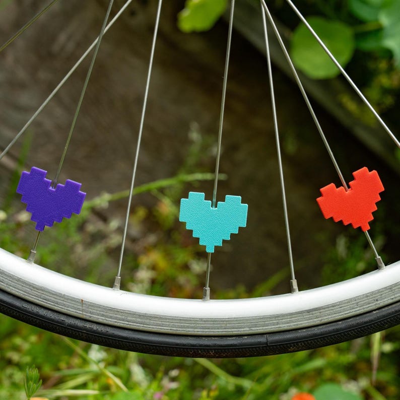 6x Pixel Hearts Bike Spoke Decorations, video game hearts bicycle decorations, cute cycling accessories, heart themed cyclist gift image 3